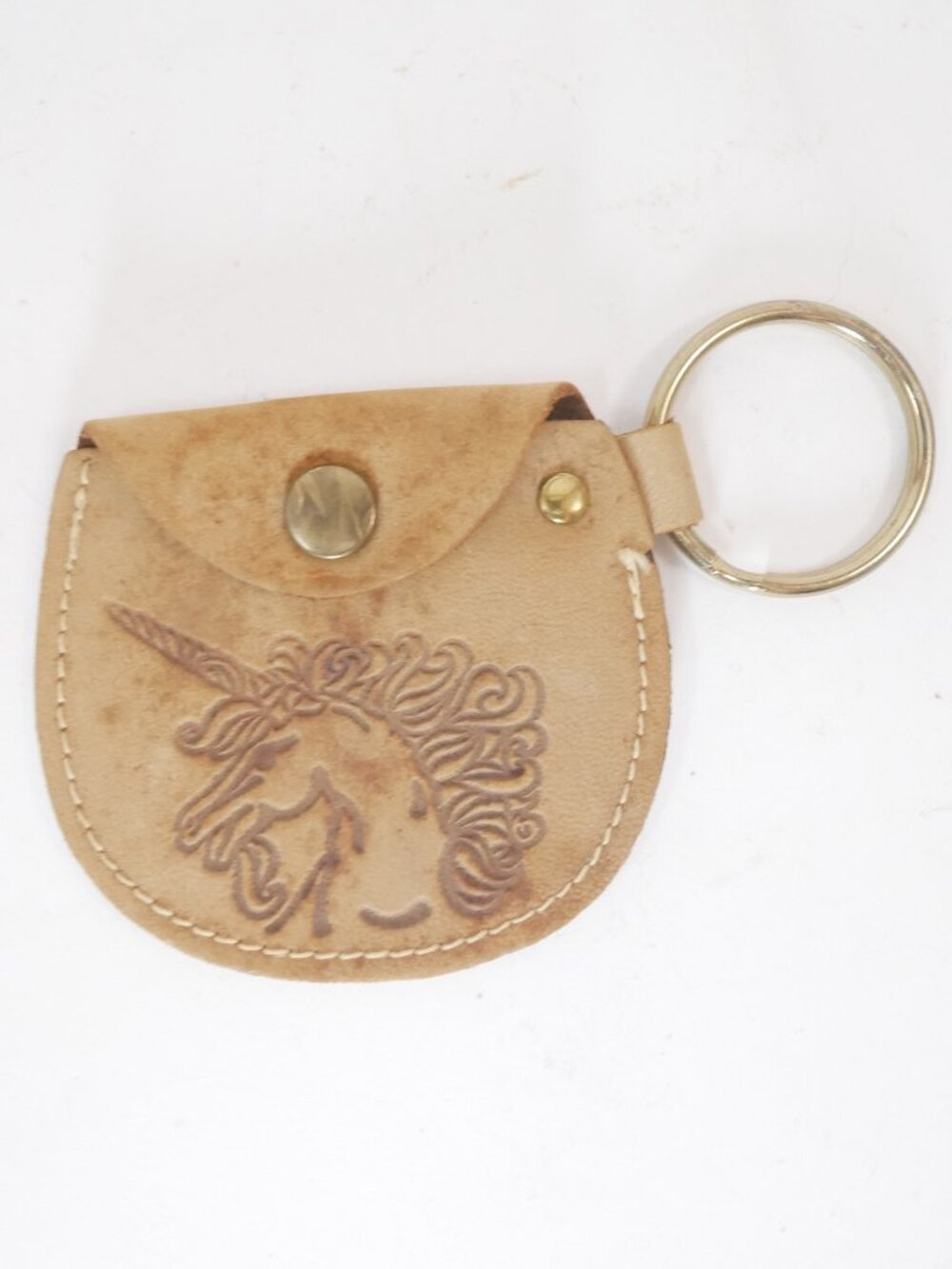Handmade Genuine Leather Unicorn Keychain w/ Pocket Vtg Brown 2.75x2.75 Keyring